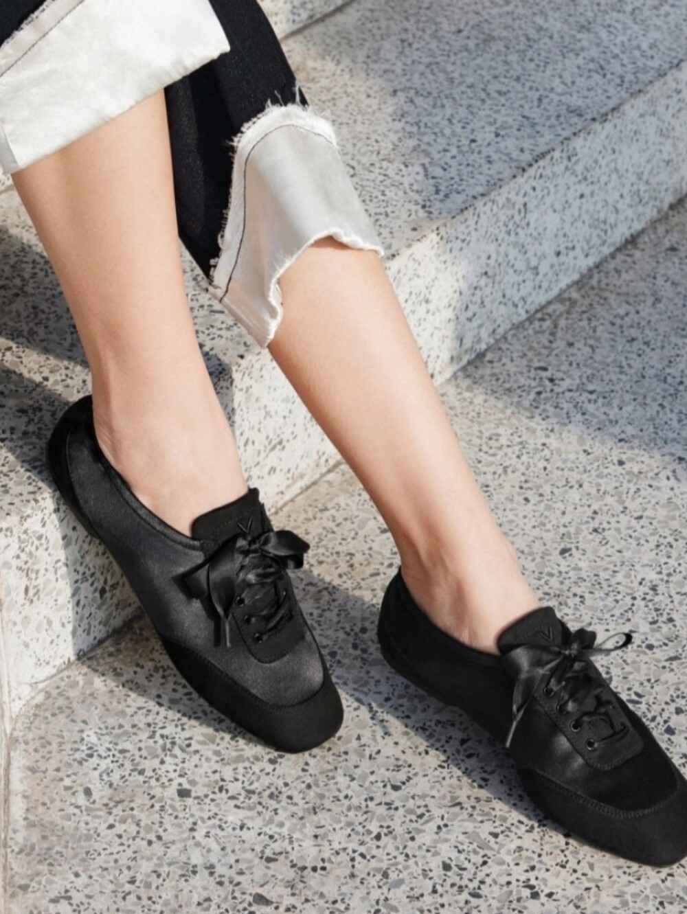 Black Cristina Satin Square Toe Lace-Up Ballet Flats
